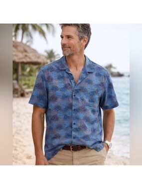 Vineyard Vines Cabana Shirt XL Blue Palm Print Button Up Cotton Stretch Resort
